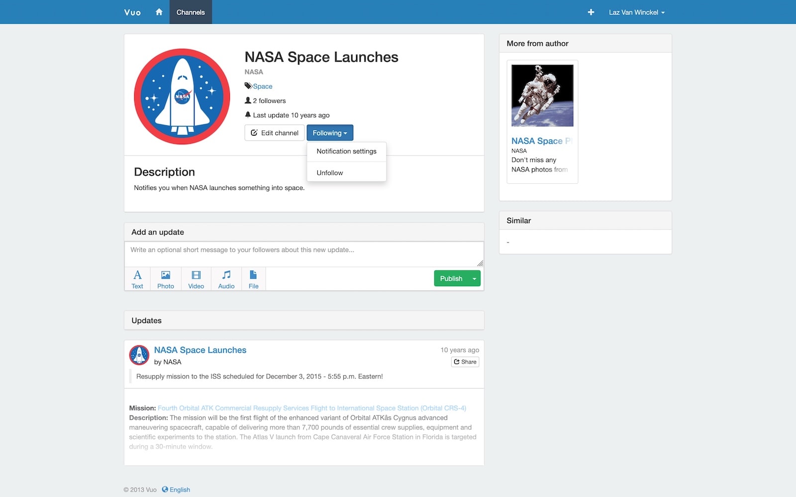 Vuo in 2013 showing NASA Space Launches channel