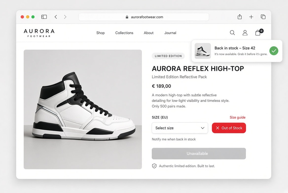 Alert for shoe size back in stock