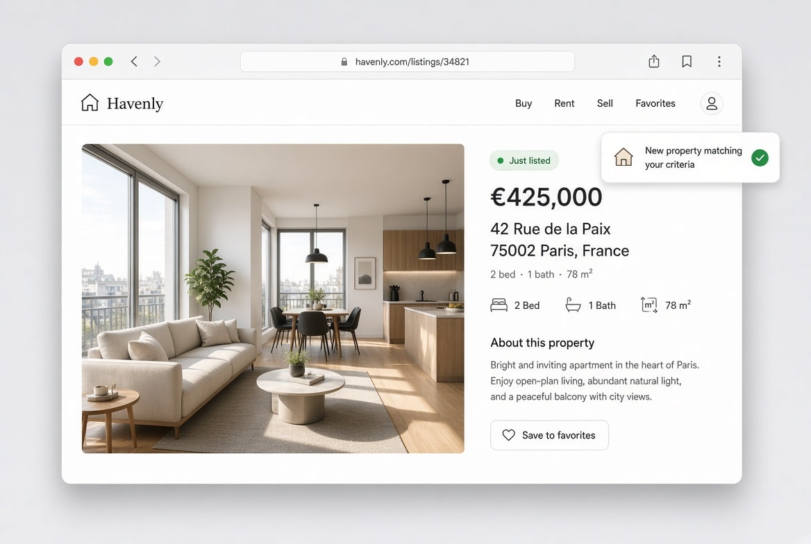 Alert showing a new real estate property matching your criteria
