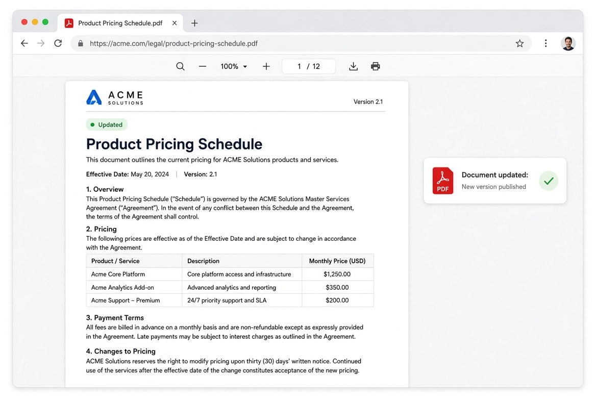 Alert showing a new version of a document being published