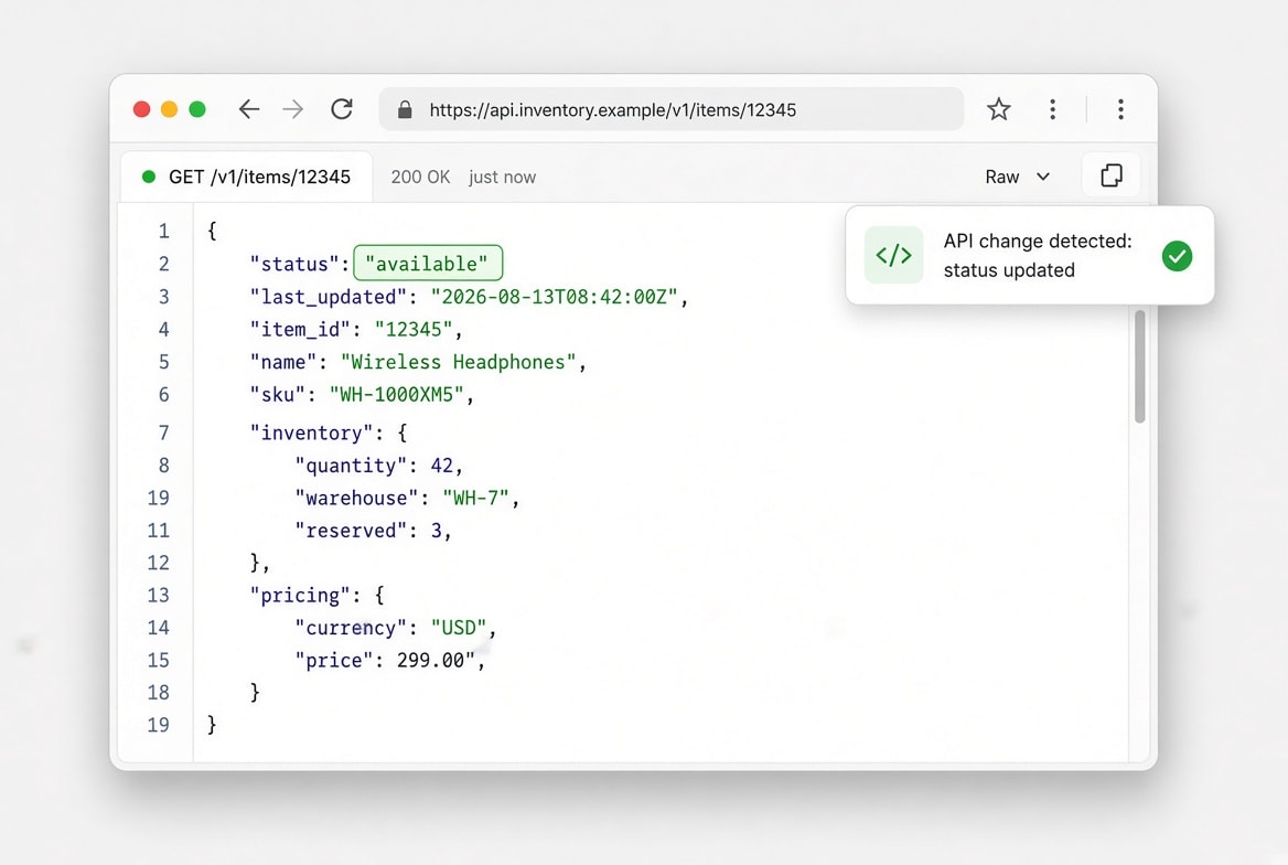 Alert showing an API response where the status property has changed